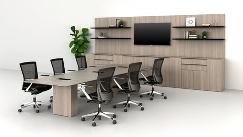 AIS Calibrate Conference Table With Storage Credenza And Wall Shelving Unit